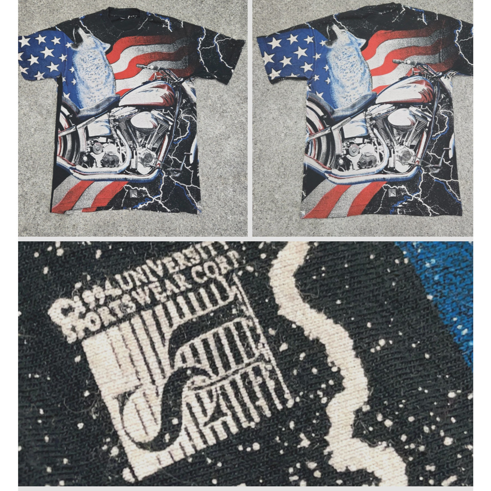Vtg AOP Wolf Motorcycle American Flag T-Shirt Single Stitch 1994 Black grunge